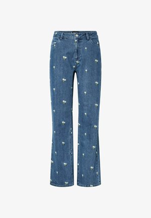 Jeans in denim blu a gamba dritta con piccoli motivi floreali bianchi distribuiti uniformemente sul tessuto, dotati di tasche frontali e passanti per cintura.