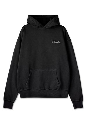 Sweatshirt preto com capuz, feito de um tecido misto de algodão. Apresenta um bolso canguru e um logotipo bordado "Pegador" no peito. Capuz ajustável.