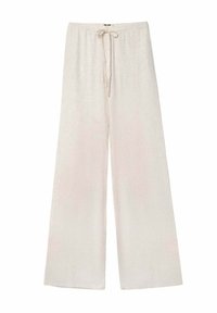 Pantalones de corte ancho en color beige claro, confeccionados con una tela texturizada, que presentan una cintura elástica con cordón. Diseño sencillo y sin adornos.