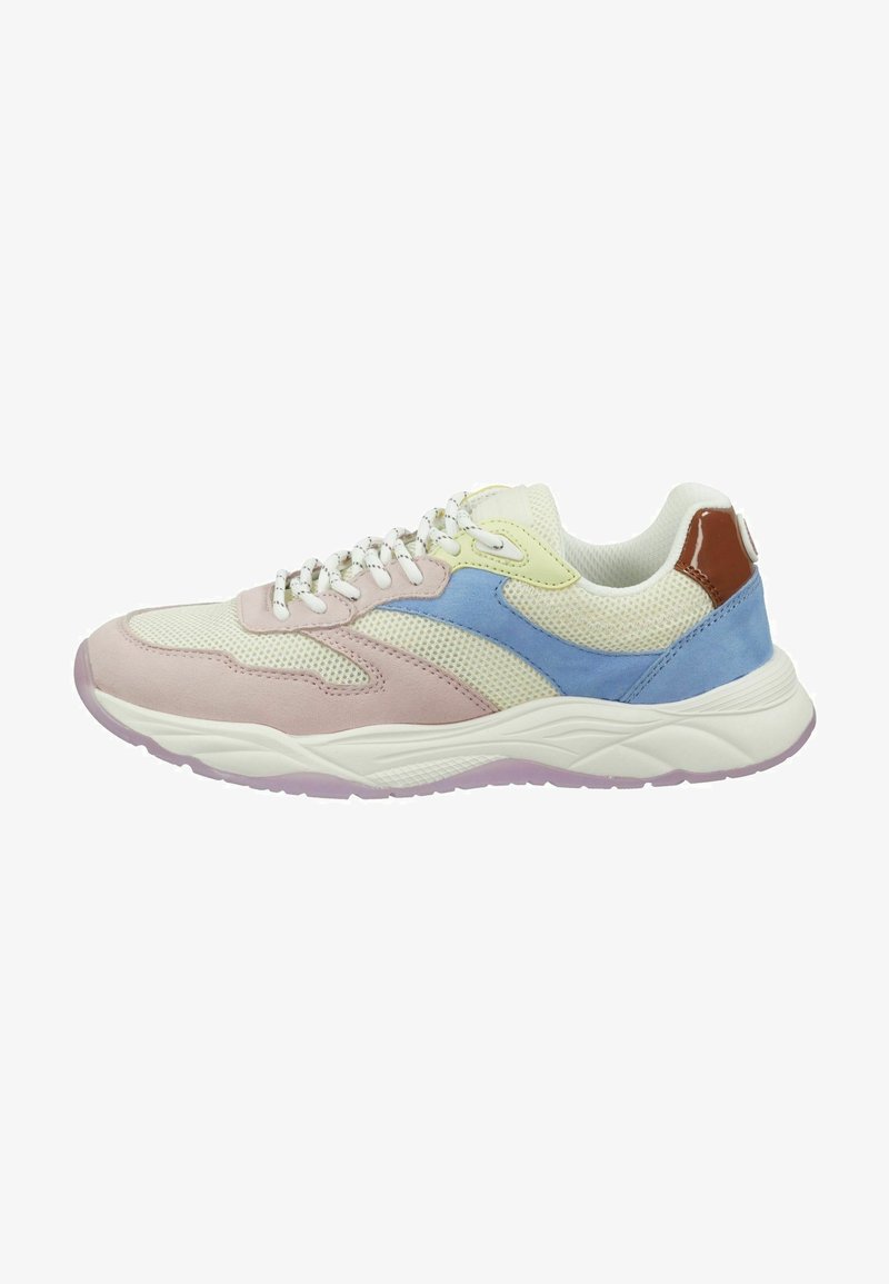 Multicolor sneakers featuring mesh and suede materials in pink, blue, yellow, and white, with a rubber sole and decorative laces.