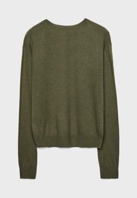 Pull à manches longues uni vert olive avec col rond, poignets et ourlet côtelés, présenté à plat de dos sur un fond clair.