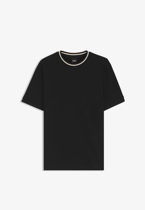 Black short-sleeve crew neck t-shirt with white and gold striped trim on collar, labeled BOSS inside neck.