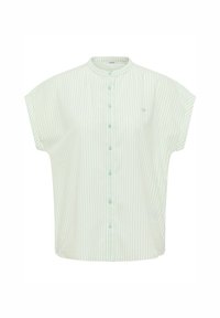 Camicia a maniche corte a righe verde chiaro e bianco con colletto rotondo e bottoni blu. Delicato logo sulla parte sinistra del petto.