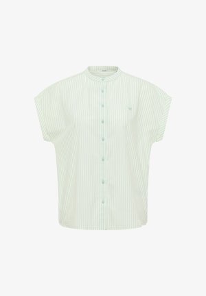 Svetlozelená a biela pruhovaná krátkopupová košeľa s okrúhlym golierom a modrými gombíkmi. Jemný logotype na ľavej strane hrude.