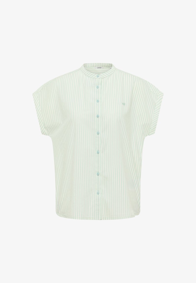 Cămașă cu mânecă scurtă, în dungi verzi deschise și albe, cu guler rotund și nasturi albaștri. Detaliu subtil al logo-ului pe pieptul stâng.