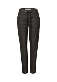 Dunkelgraue Karohosen mit elastischem Bund, Kordelzug und zwei Cargo-Taschen. Merkmale sind eine schmal geschnittene Passform und ein weicher, strukturierter Stoff.