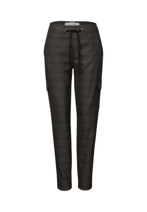 Tmavě šedé kostkované kalhoty s elastickým pasem, stahovací šňůrkou a dvěma cargo kapsami. Mají slim fit a měkkou, texturovanou látku.