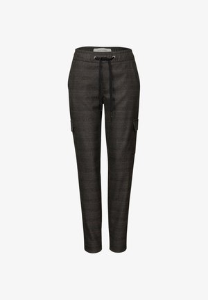 Pantaloni a quadrati grigi scuri con vita elastica, cordoncino e due tasche cargo. Presentano una vestibilità slim e un tessuto morbido e testurizzato.