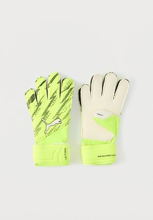 Neon yellow goalkeeper gloves with a textured grip, black accents, and a padded wrist strap featuring '3MM MULTIGRIP LATEX' detail.