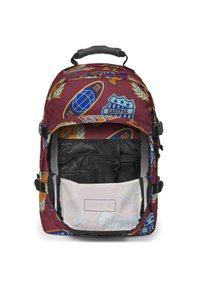Zaino rosso e multicolore con toppe grafiche, spallacci regolabili, manico superiore e tasca interna in rete nera. Chiusura con zip.