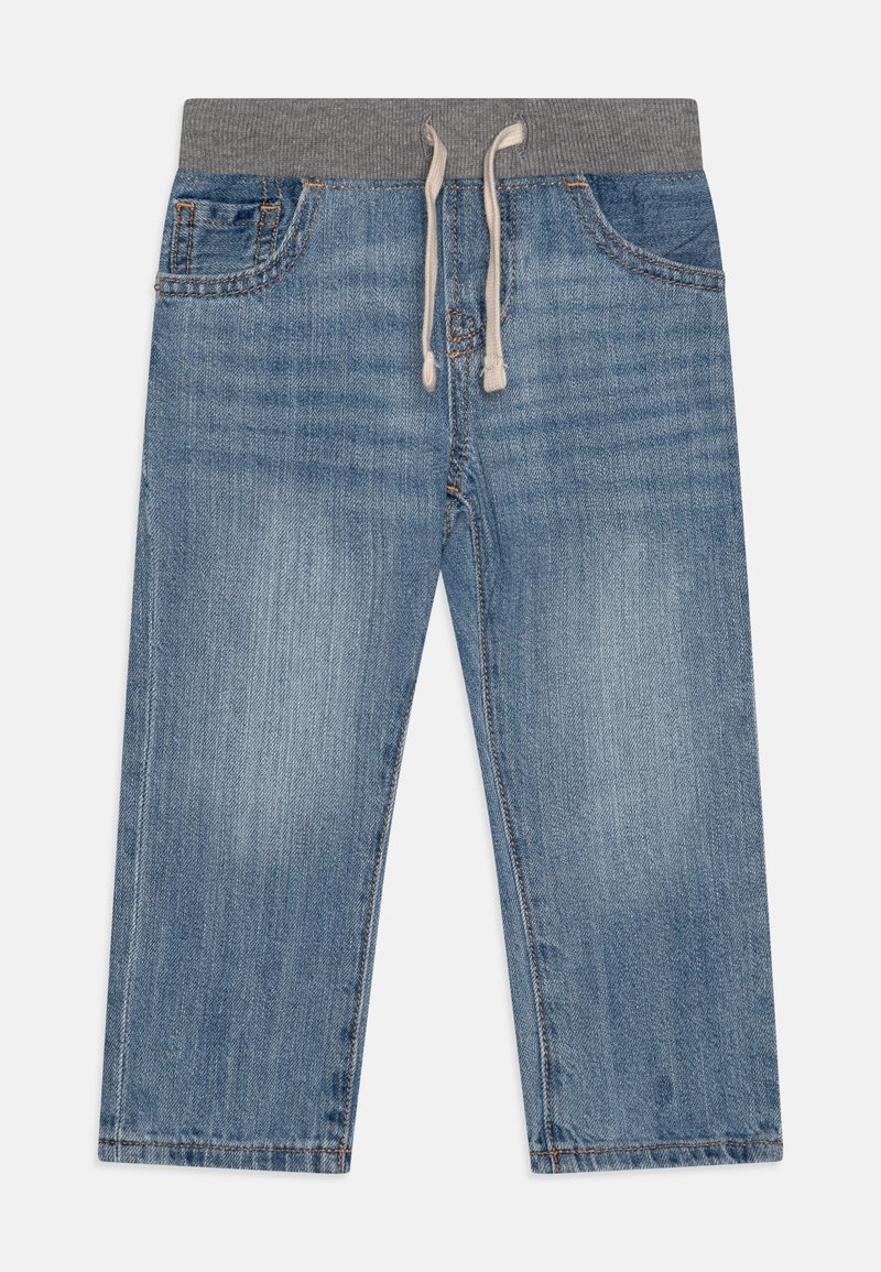 Pantaloni in denim azzurro chiaro per bambini con vita elastica grigia e coulisse bianca, tasche anteriori e gambe dritte su sfondo bianco.