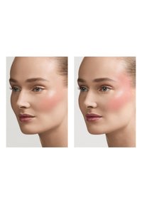 Two portraits side by side showing a model with smooth skin; left has subtle pink blush on cheeks, right shows more intense blush.