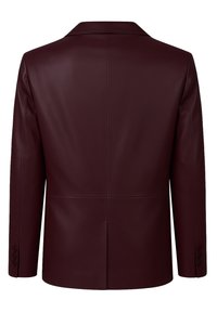 Burgunderfarbener Kunstleder-Blazer mit klassischem Revers, strukturiertem Schnitt und Dreiknopfmanschetten. Glatte Textur mit Paspelnähten.