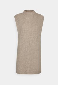 Maglione senza maniche beige a collo alto, con un design testurizzato a coste e una vestibilità morbida. Senza chiusure visibili.