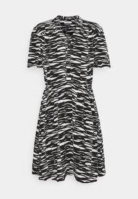 Black and white short-sleeve dress featuring a striped pattern, button front, waist elastic, and a flared skirt design.