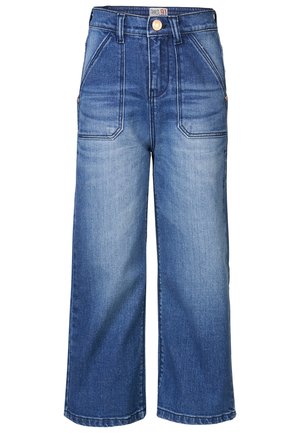 Wijde denim broek in medium blauw, met een hoge taille, twee zijzakken en contrasterende stiksels. Klassiek 5-pocket ontwerp.