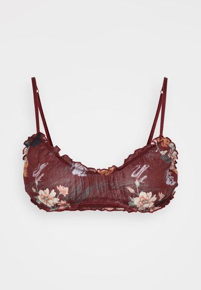 Bralette floreale bordeaux realizzata in tessuto leggero, con bordi arricciati e sottili spalline regolabili. Decorato con vari motivi floreali.