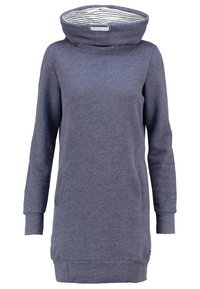 Vestido gris con capucha de cuello alto, con un forro interior a rayas, mangas largas y bolsillos frontales. Fabricado en una tela suave y texturizada.