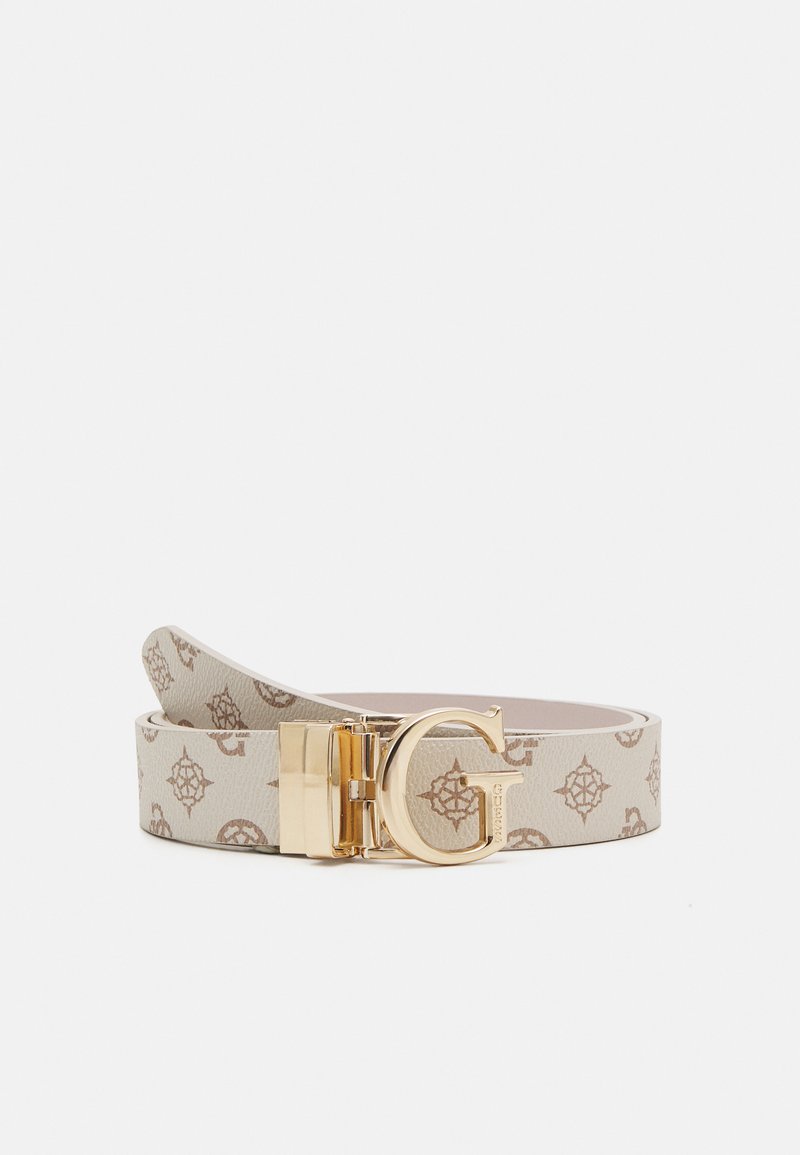 Ceinture en cuir blanc avec un motif monogramme en beige. Dotée d'une boucle rectangulaire en métal doré avec un accent en "C". Texture lisse.