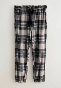 Schwarze, graue und beige karierte Fleece-Hosen mit elastischem Bund, schwarzem Kordelzug, Seitentaschen und elastischen Bündchen hängen vor einem hellen Hintergrund.