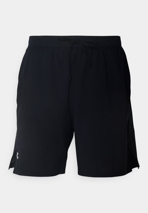 Black athletic shorts made from lightweight fabric, featuring an elastic waistband with drawstring and side mesh panels for ventilation.