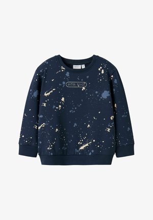 Felpa per bambini blu navy con motivo a schizzi di vernice beige chiaro e blu e testo "OUTER SPACE" sul petto.