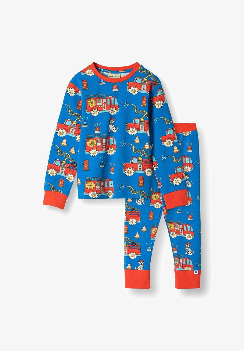 Modra bombažna pižama z rdečimi detajli. Oblikovanje prikazuje igrive gasilske avtomobile, dalmatinske pse in prometne stožce v ponavljajočem se vzorcu.