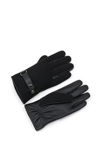 Czarne rękawiczki z połączenia teksturowanej tkaniny i gładkiej skóry, z zapięciem na nap oraz marszczonym detalem ze skóry w okolicy nadgarstka.