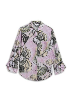 Langärmliges, knöpfbares Hemd mit Kragen, rosa Hintergrund und abstrakten Blumenmustern in Schwarz, Beige und Grün, mit einer Brusttasche vorne.