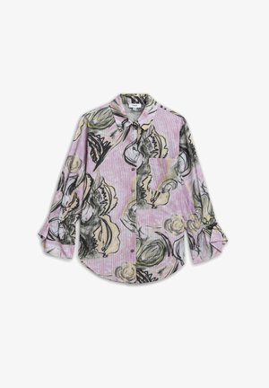 Hemd met lange mouwen en knopen, met kraag, roze achtergrond en abstracte zwarte, beige en groene bloemmotieven, met een borstzak aan de voorkant.