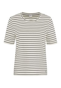 T-shirt a maniche corte a righe di colore bianco sporco con righe nere. Caratterizzato da un collo rotondo e un morbido tessuto in cotone testurizzato.