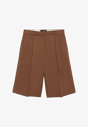 Hnědé šité šortky vyrobené z měkké látky, se zvýšeným pasem, rovným předním dílem, dvěma bočními kapsami a volným, širokým střihem.