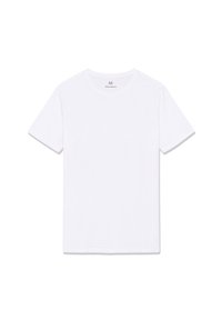 T-shirt en coton blanc uni à manches courtes avec col rond, présenté à plat sur un fond blanc.