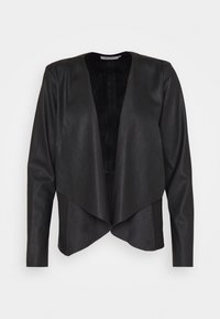 Czarna kurtka z sztucznej skóry z drapowanym przodem, gładką teksturą, długimi rękawami i otwartym fasonem. Posiada miękką podszewkę wewnętrzną dla komfortu.