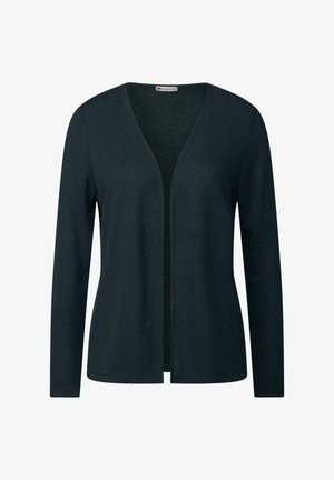 Cardigan verde scuro con scollo a V, maniche lunghe e design aperto sul davanti. Realizzato in morbido tessuto a maglia con una texture liscia.