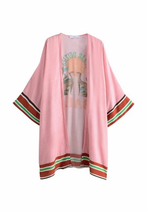 Pink kimono-style robe with wide sleeves, featuring a graphic design with leopards and text. Accented with striped trim in brown, green, and white.