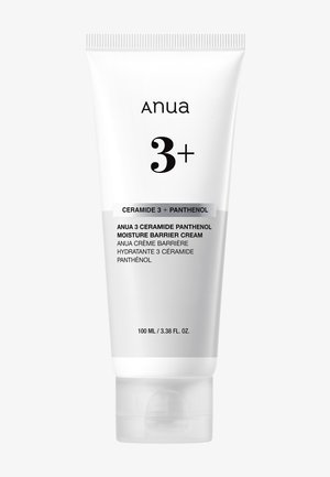 Tube de crème barrière hydratante Anua 3+ Céramide Panthénol, 100 ml, blanc avec texte noir et gris, mettant en avant les ingrédients céramide 3 et panthénol.