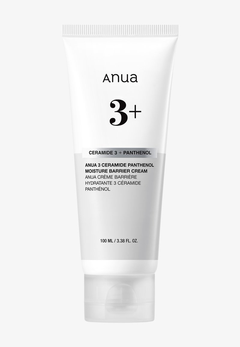 Anua 3+ Ceramide Panthenol Moisture Barrier Cream tube, 100 ml, wit met zwarte en grijze tekst, met nadruk op ceramide 3 en panthenol ingrediënten.