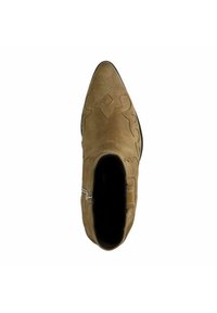 Tan suede ankle boot with pointed toe, decorative stitching, and side zipper. Smooth interior lining, flat sole, and no visible hardware.