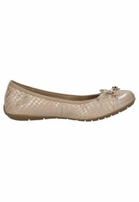 Bailarinas en beige con un material tejido texturizado y una puntera brillante. Presentan un pequeño lazo decorativo y una suela de goma flexible.