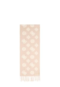 Lichtbeige sjaal met witte patroonaccenten, met cirkelvormige en geometrische ontwerpen en franjes aan één uiteinde.