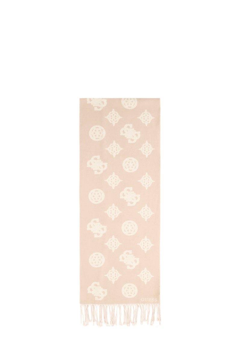 Lichtbeige sjaal met witte patroonaccenten, met cirkelvormige en geometrische ontwerpen en franjes aan één uiteinde.