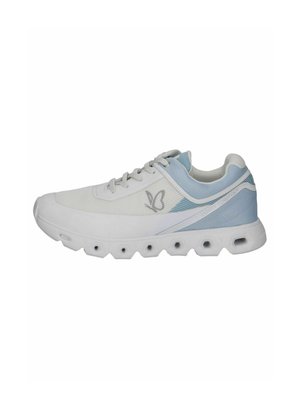 White athletic shoe with light blue accents, textured mesh upper, cushioned sole, and a logo on the side. Lace-up design for secure fit.