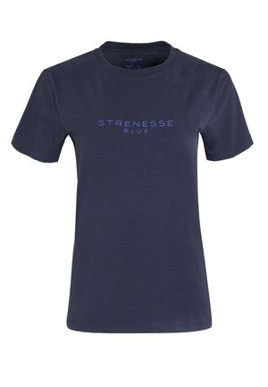 T-shirt en coton bleu marine avec un col rond et des manches courtes, portant l'inscription « STRENESSE BLUE » en texte bleu clair sur la poitrine.