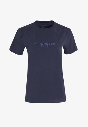 T-shirt en coton bleu marine avec un col rond et des manches courtes, portant l'inscription « STRENESSE BLUE » en texte bleu clair sur la poitrine.