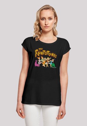 Black T-shirt featuring "The Flintstones" graphic with colorful cartoon characters. Soft fabric, relaxed fit, short sleeves.