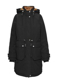 Schwarze Parkajacke mit einer Kapuze aus Kunstfell, verstellbaren Zugbändern, zwei Fronttaschen und gerippten Bündchen für Wärme und Komfort.