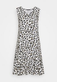 Hedvábná šaty bez rukávů s leopardím potiskem a véčkovým výstřihem, s rozšířeným lemem, vyrobené z lehké tkaniny v černé, béžové a bílé barvě.