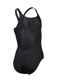 Sort et styk swimsuit med racerback-design, glat tekstur og udskåret ryg for øget fleksibilitet og komfort.