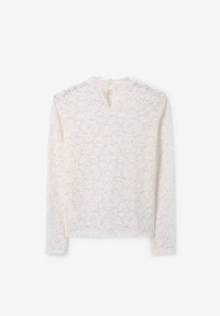 Spitzenbluse mit langen Ärmeln in Elfenbein mit floralem Muster, Schlüsselrückenverschluss und weicher, strukturierter Oberfläche, mit rundem Halsausschnitt.